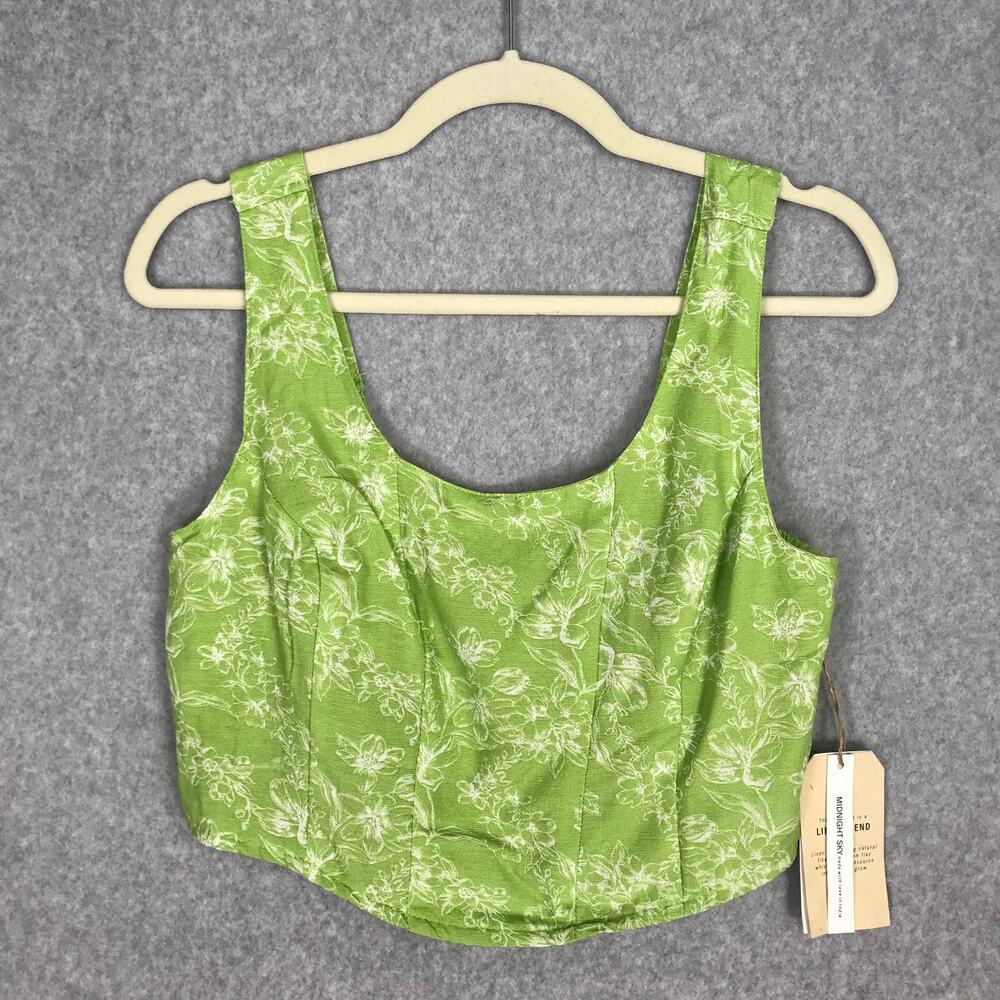 Midnight Sky Corset Smocked Crop Top Large Green Floral Linen Cottage Vacation
